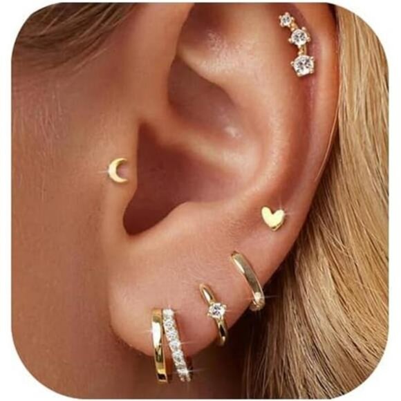 Gold Hoop Earrings Set 14K Plated Hypoallergenic Studs Multiple Piercings - Picture 1 of 7